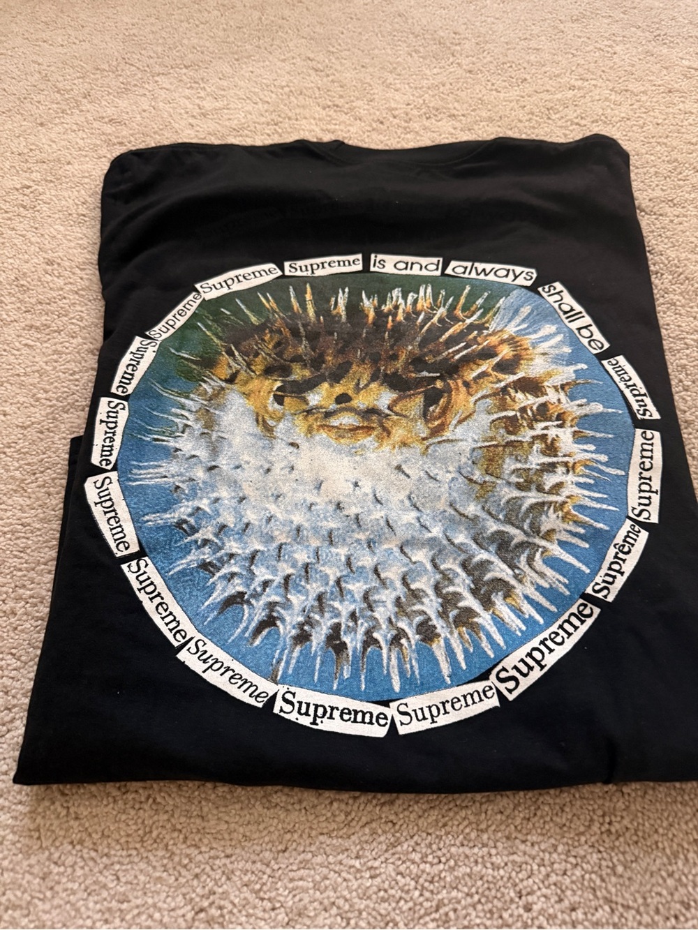 Supreme Black Tee with Blue and Gold Pufferfish Graphic
